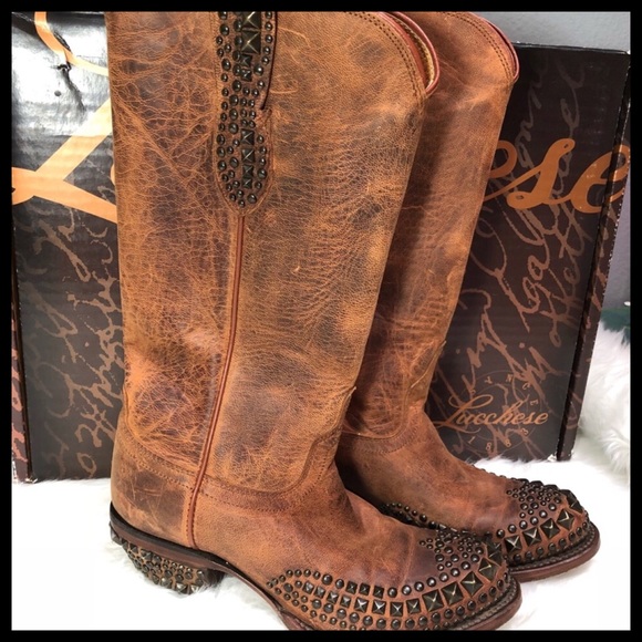 Lucchese Shoes - LUCCHESE COWGIRL BROWN STUDDED BOOTS